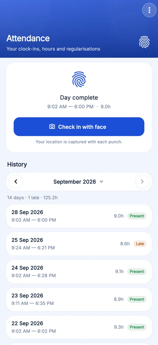 Attendance in the WebHR mobile app